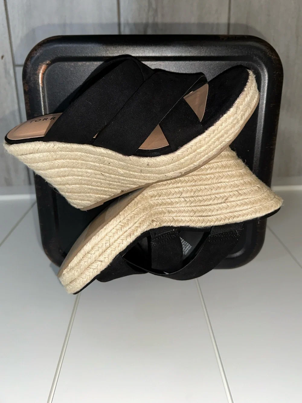 Black Suede Crisscross Espadrille Wedge Slides
